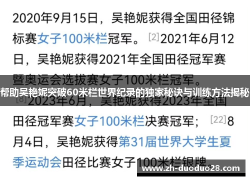 帮助吴艳妮突破60米栏世界纪录的独家秘诀与训练方法揭秘 帮助吴艳妮突破60米栏世界纪录的独家秘诀与训练方法揭秘
