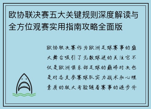 欧协联决赛五大关键规则深度解读与全方位观赛实用指南攻略全面版